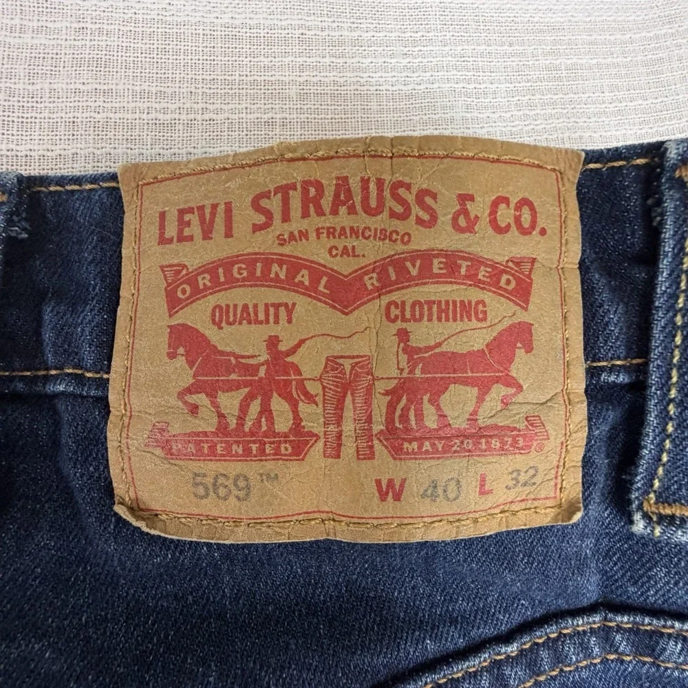 Levi's 569 Loose Straight Jeans Men's Sz 40x32 Blue Dark Wash Stretch Whiskering